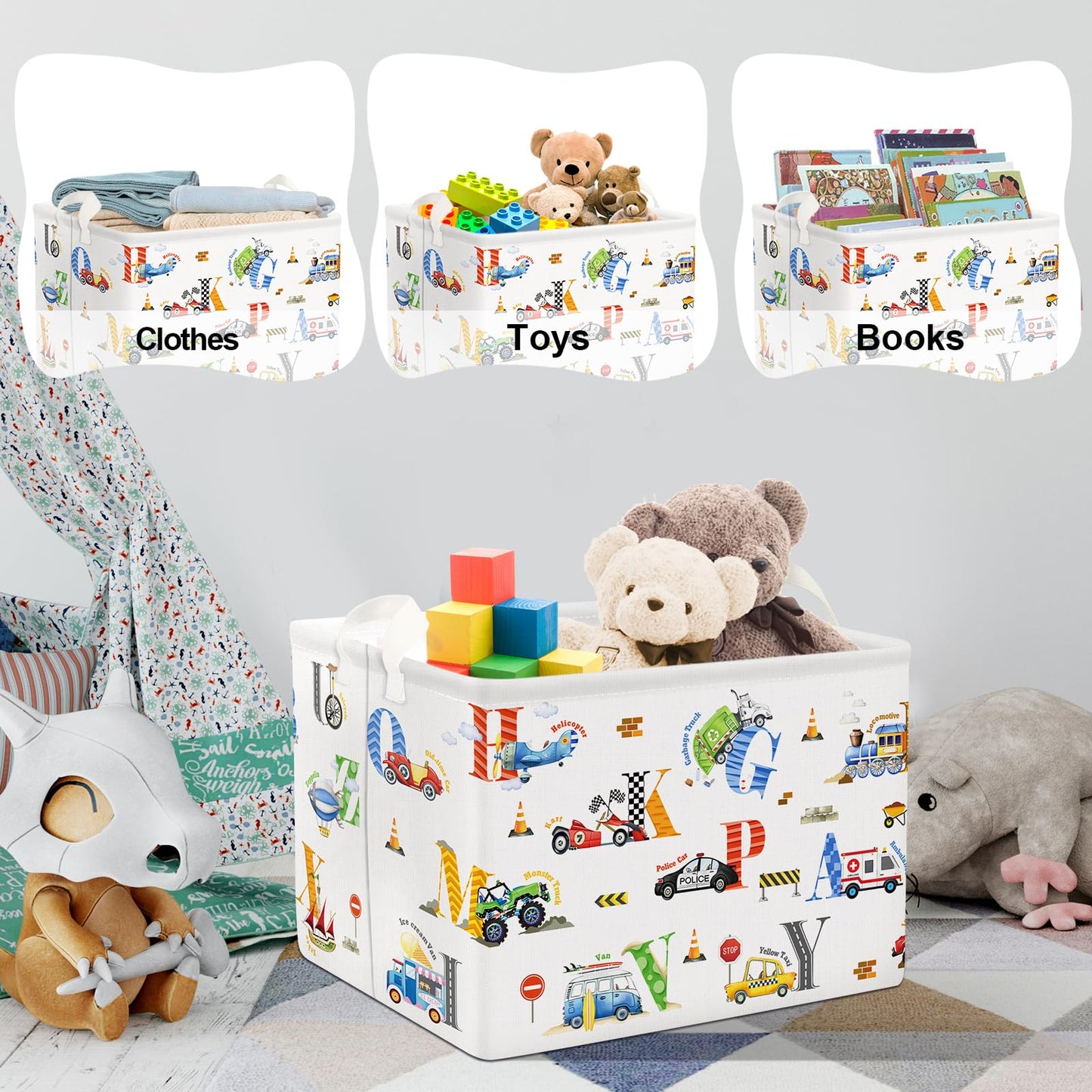 Clastyle Large Alphabet Construction Car Book Shelf Basket Collapsible Rectangle Excavator Ambulance Monster Truck Boy Bin Cloth