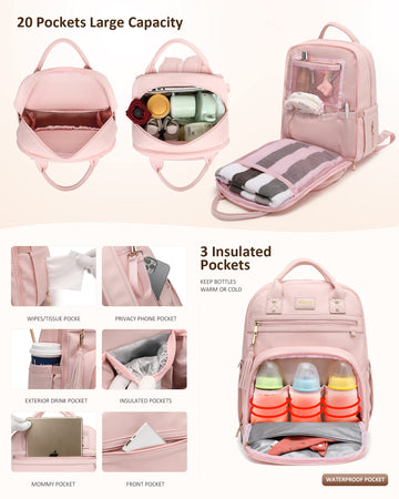 Rosegin Leather Baby Diaper Bag Backpack With Portable Travel Changing Pad Girl Boy, Large Dad Pink Diaper Bags Pacifier Case St