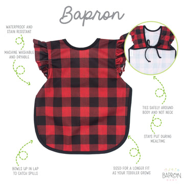 Bapronbaby Flutter Red Buffalo Plaid Bapron - No Neck Tie Safer Bib For Baby & Toddler - Soft Waterproof Stain Resistant - Machi