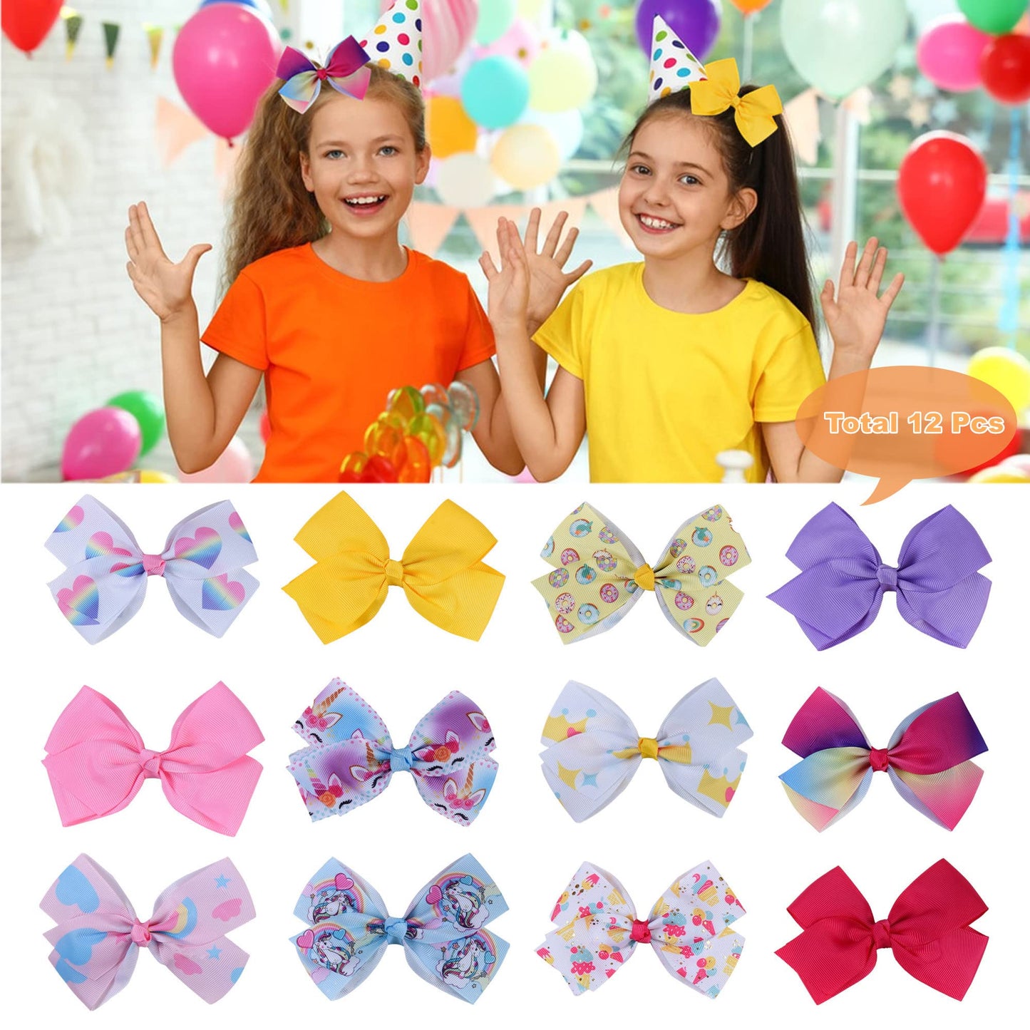 Dwenarry 5' Hair Bows For Girls Colorful Little Girls Hair Bows Rainbow Heart Grosgrain Alligator Clip Bows For Toddler Girls C