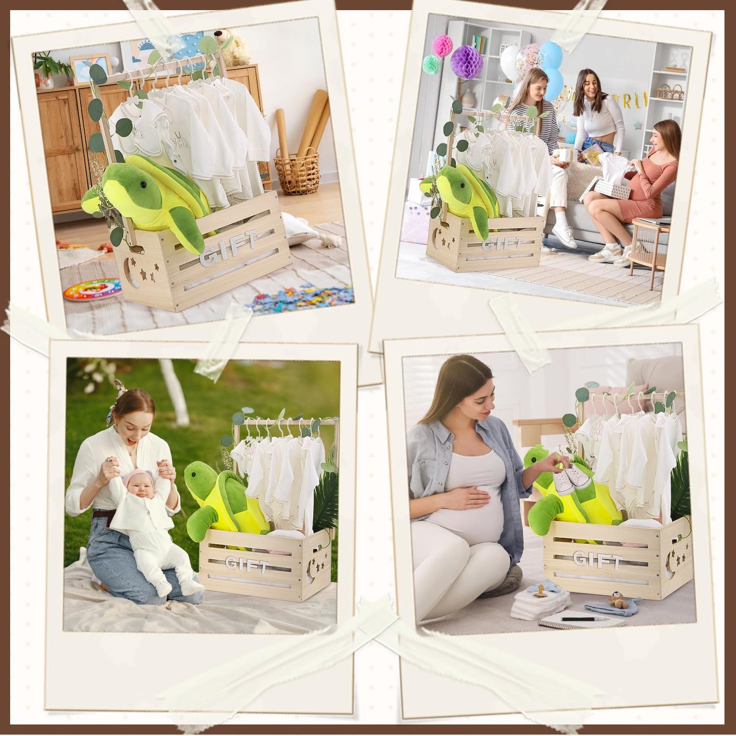 Wooden Baby Shower Crate Closet, Baby Shower Basket With Handle & Rack Hangers & Garland & Letter Cards Wooden Crate For Baby Sh