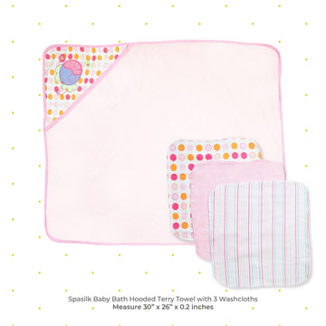 Spasilk Baby Bath Hooded Terry Towel With 3 Washcloths, Baby Bath Essentials, One Size, Pink Fish