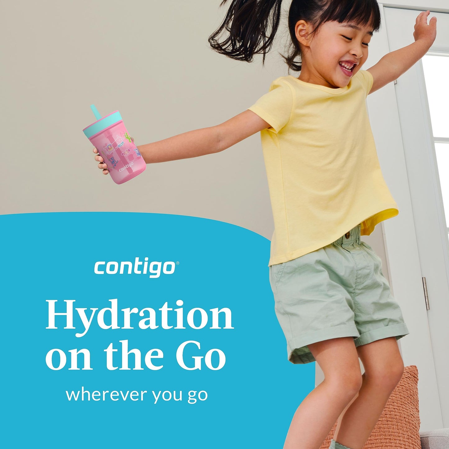 Contigo Leighton Kids Plastic Water Bottles, Spill-Proof Tumblers With Straw, Dishwasher Safe, 14Oz 2-Pack In Blue Raspberry/But