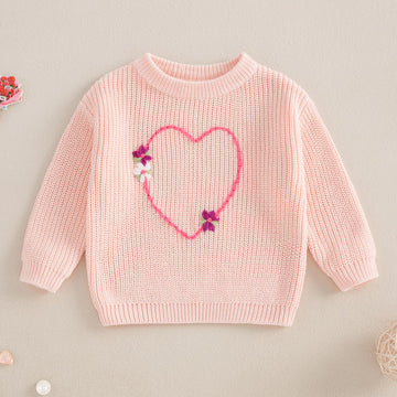 Nokpsedcb Baby Girl Cute Long Sleeve Heart Flowers Embroidery Oversized Sweater Toddler Valentine Outfit (Light Pink, 12-18 Mont