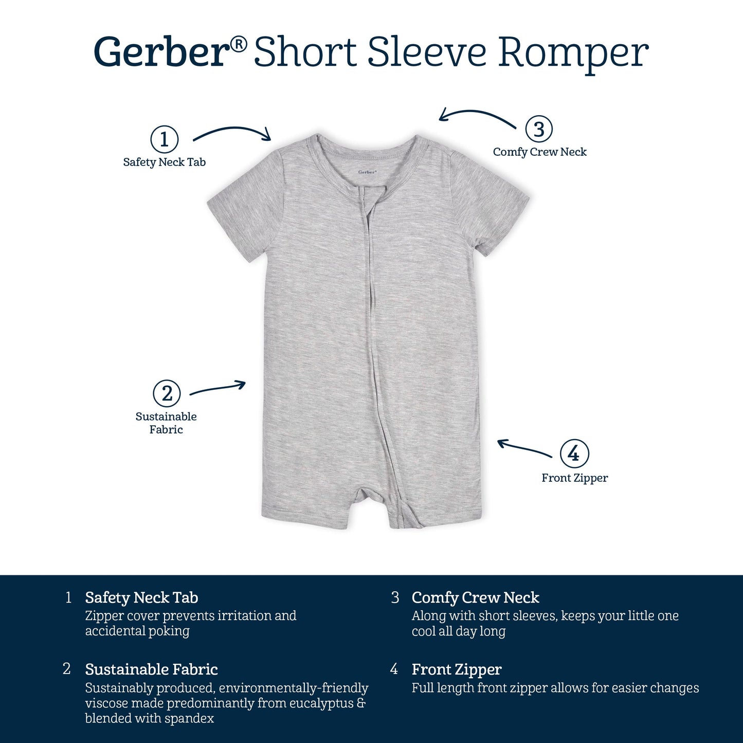 Gerber Unisex Baby Buttery-Soft Short Sleeve With Viscose Made Eucalyptus Romper, Glacier Gray, 0-3 Months Us