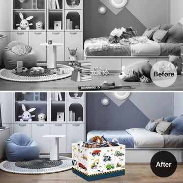 Clastyle Cartoon Construction Truck Shelf Basket Nursery Boy Room Car Decor Gift Basket Rectangle Bulldozer Excavator Basket Blu