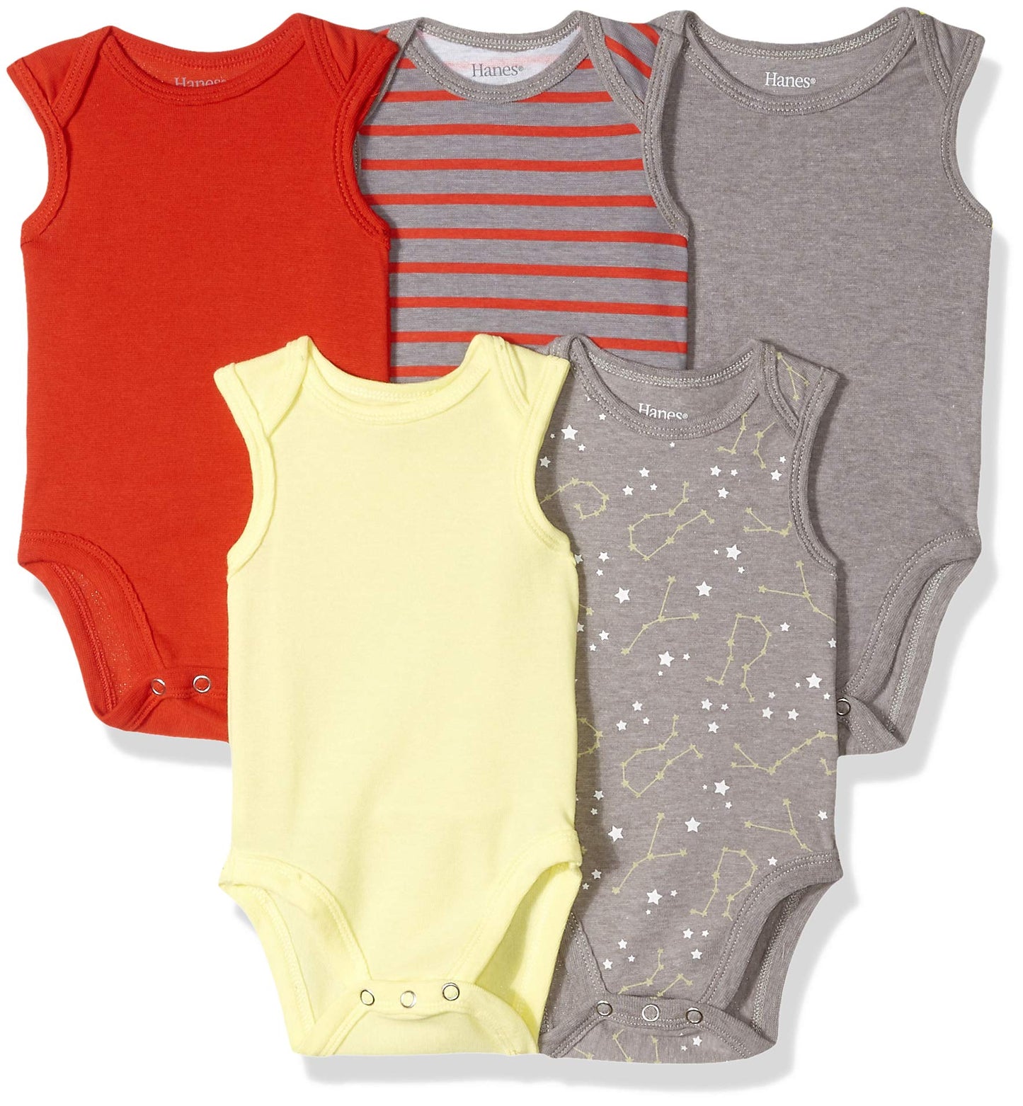 Hanes Baby Bodysuits, Ultimate Flexy Sleeveless For Boys & Girls, 5-Pack, Yellow/Reds, 0-6 Months