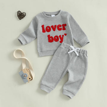 Nibbcoa Toddler Baby Boy Valentines Day Outfit Love Embroidery Waffle Knit Sweatshirt Pants Set Cute Spring Fall Clothes (Gray,