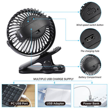 Portable Clip On Fan, Clip Stroller Fan, Usb Rechargeable Personal Mini 360? Rotate Cooling Table Fan For Home Office Car Seat C