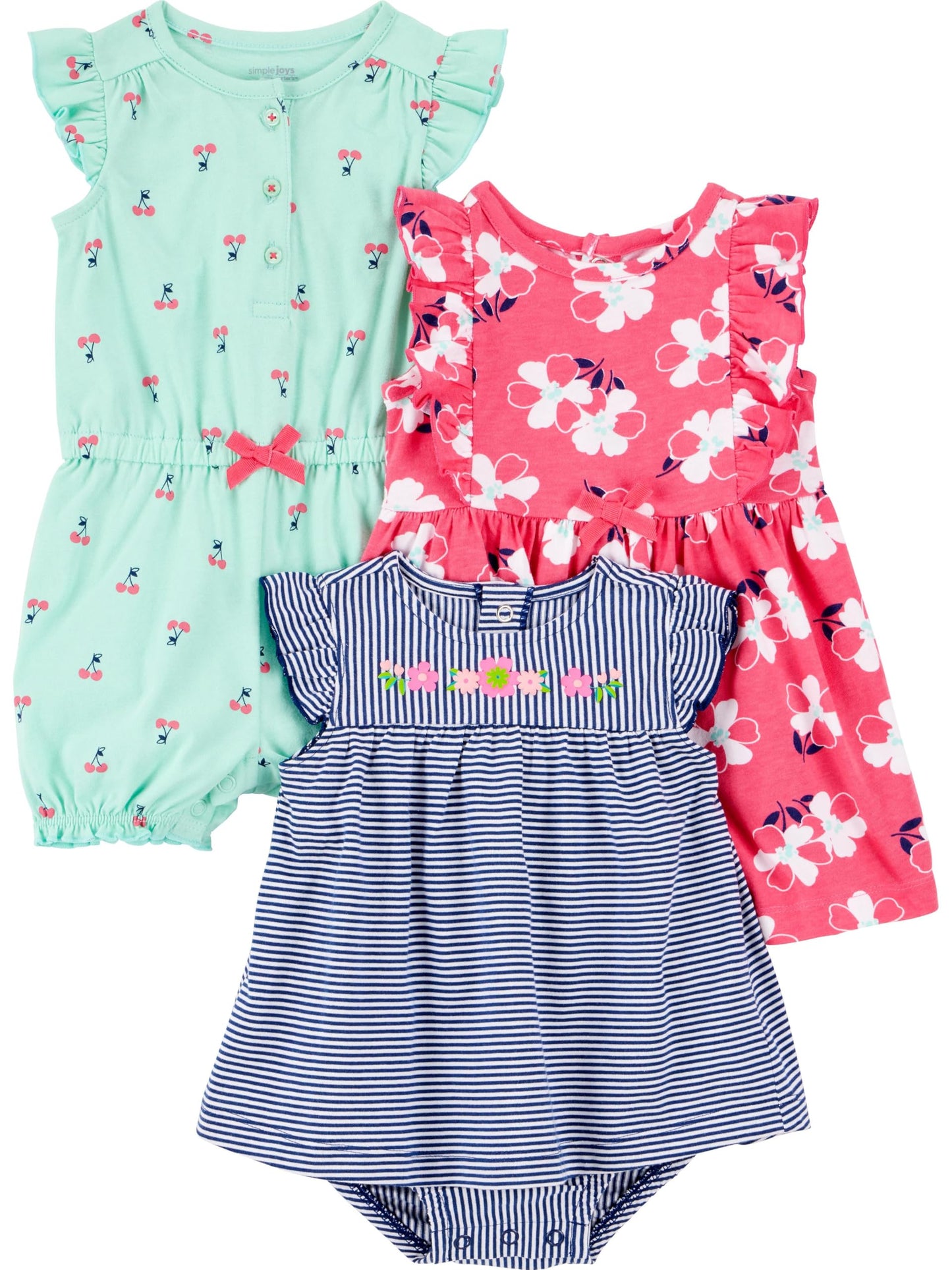 Simple Joys by Carters Baby 3-pack Romper, Sunsuit and Dress, mint cherries/navy stripe/pink floral, 3-6 months