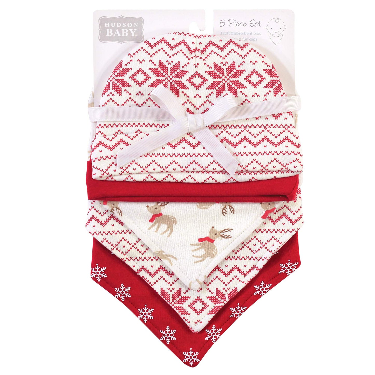 Hudson Baby Unisex Baby Cotton Bib And Headband Or Caps Set, Reindeer, One Size