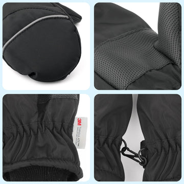 F Flammi Toddler Kids Snow Mittens With String Waterproof Ski Mittens Thinsulate Winter Gloves For Baby Girls Boys(Plain Black,4