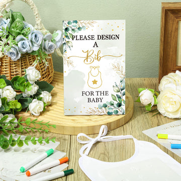 Panitay 100 Pcs Diy Baby Bibs Decorating Kit 50 White Bibs 25 Stencils 24 Fabric Markers 1 Baby Shower Game Sign(Leaf)