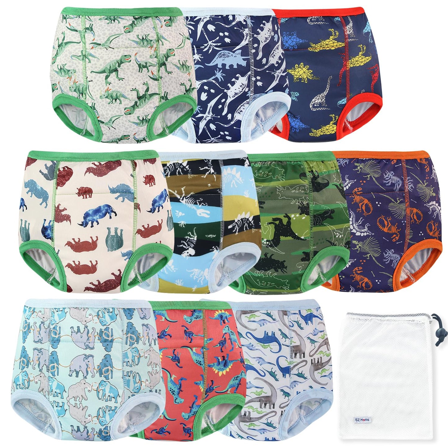 EZ Moms 10 Packs High Waist Potty Training Underwear for Boys Double Absorption Toddler Training Pants 3T-4T Reusable Dinosaur T