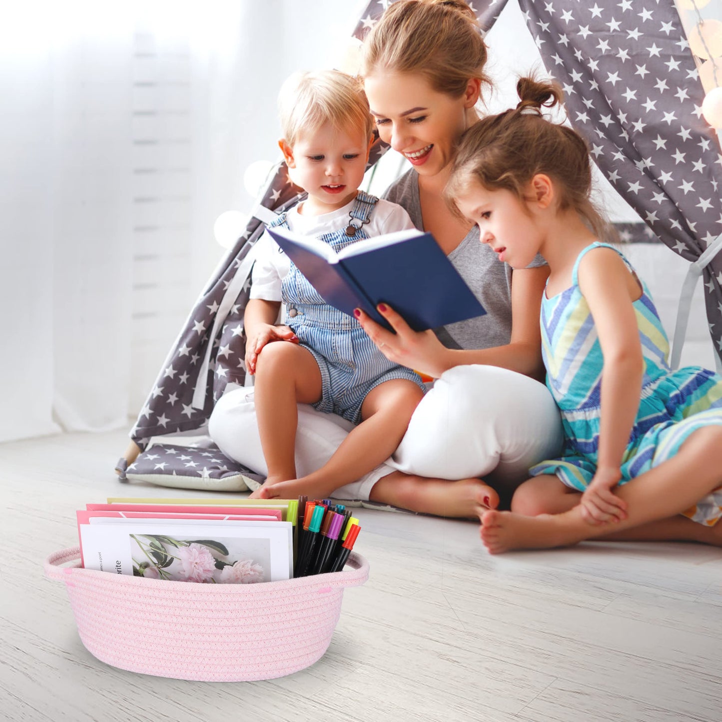 Xuanguo Small Woven Basket Cute Oval Cotton Rope Gifts Basket With Handle Empty Baby Wicker Storage Basket Nursery Box Bin Kids