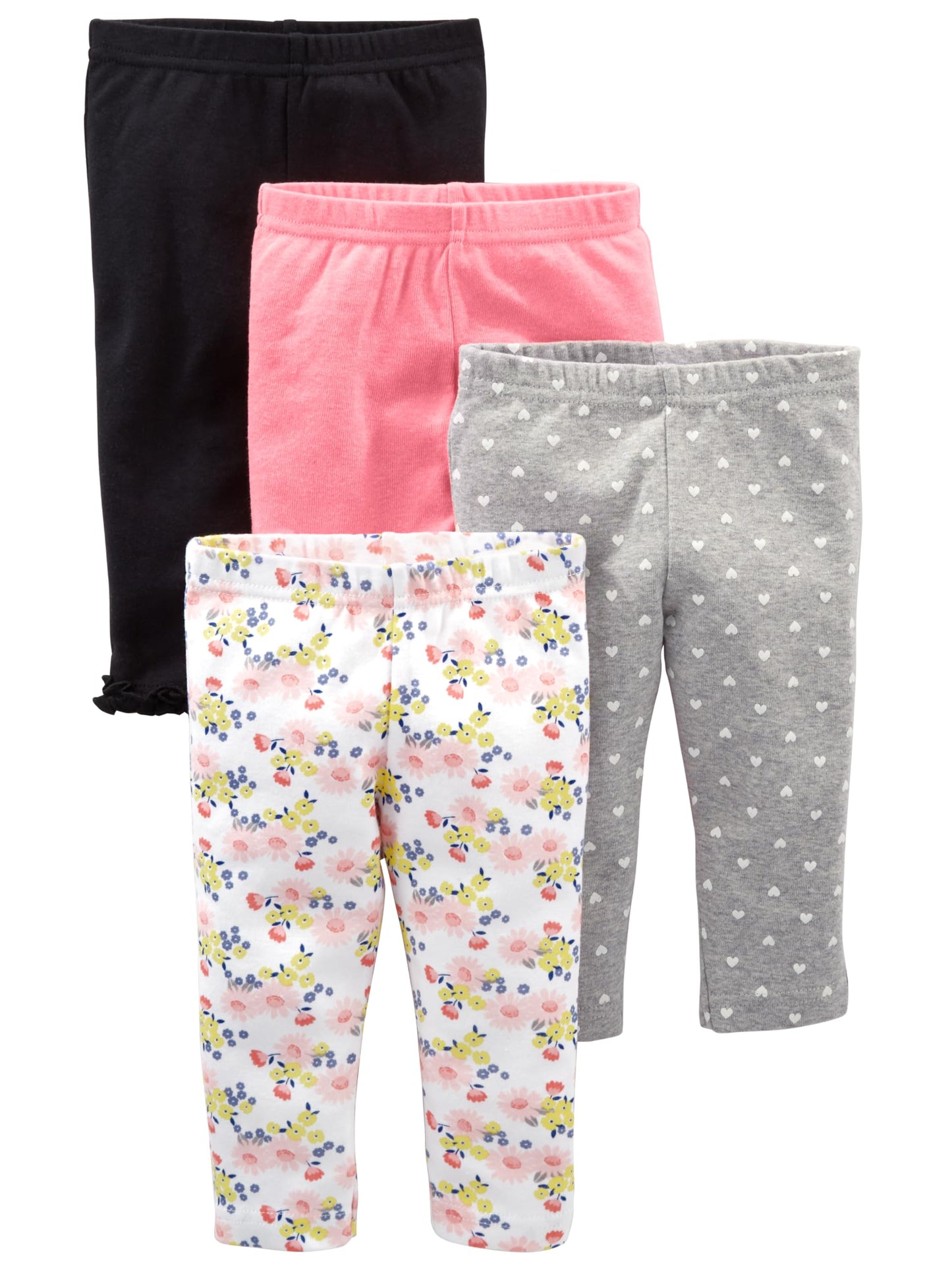 Simple Joys By Carter'S Baby Girls' 4-Pack Pant, Black/Grey Hearts/Pink/White Floral, Newborn