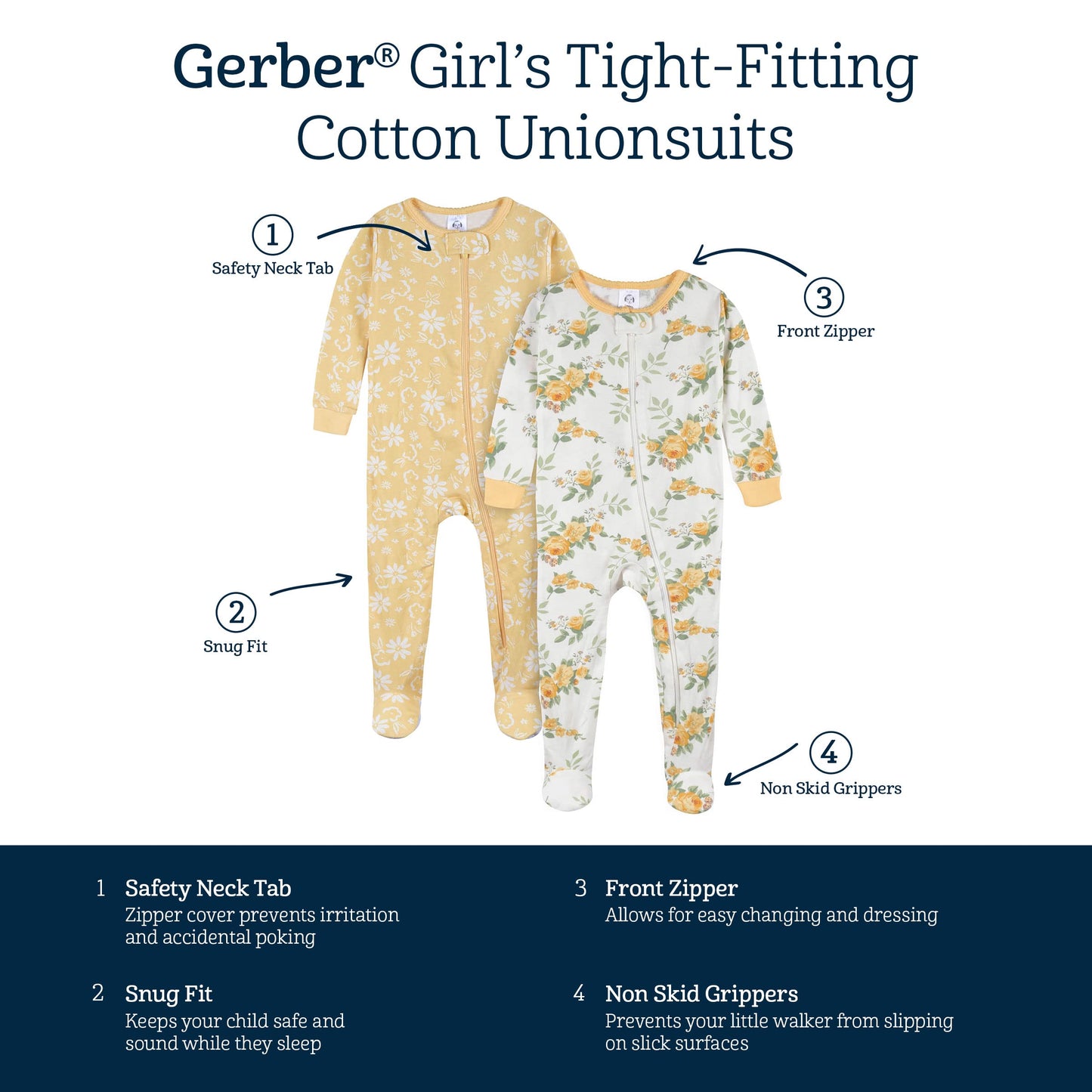 Gerber Baby Girl'S Toddler 4-Pack Footed Pajamas, Roses And Fox, 2T