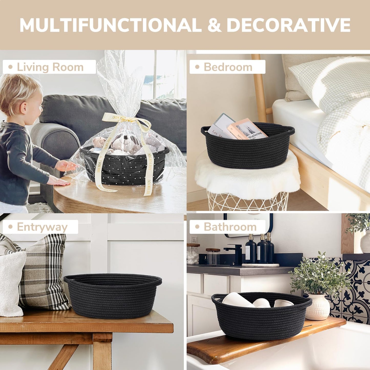 Chicvita Black Basket Empty Gift Basket, Small Woven Basket For Organizing, Rope Basket For Storage, Decorative Basket For Dogs,