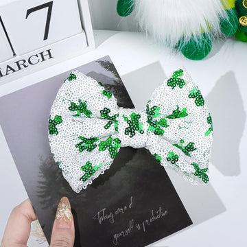 Lanmerry St.Patrick'S Day 5 Inch Sequins Bow Hair Clips Clover Glitter Bow Green Hairpins Alligator Barrettes Large Hair Bows Co