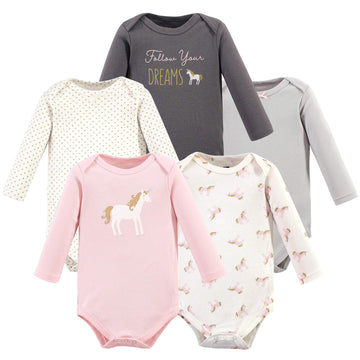 Hudson Baby Unisex Baby Cotton Long-Sleeve Bodysuits, Gold Unicorn, 3-6 Months Us