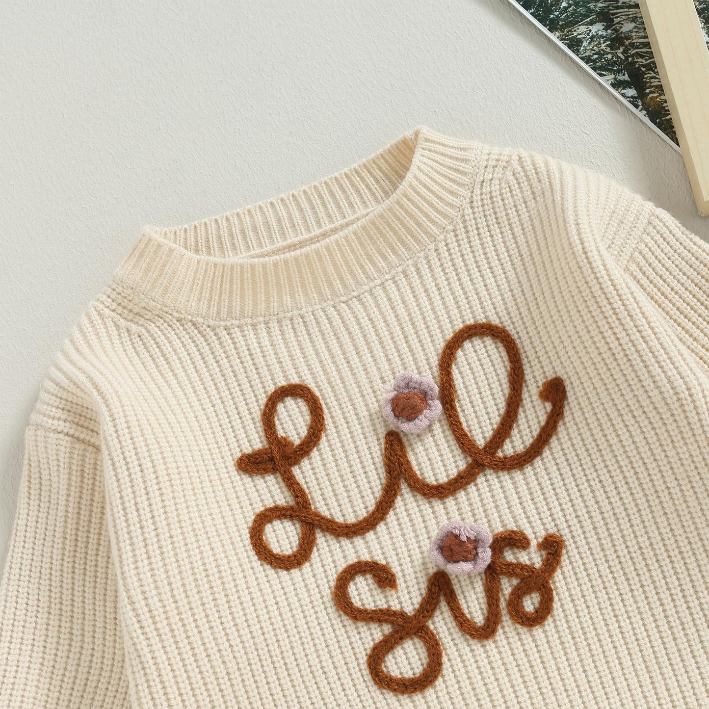Visgogo Big Little Sister Matching Sweater Baby Girls Knitted One-Piece Outfits Toddler Brother Sweatshirt Clothes (Beige-Lil Si