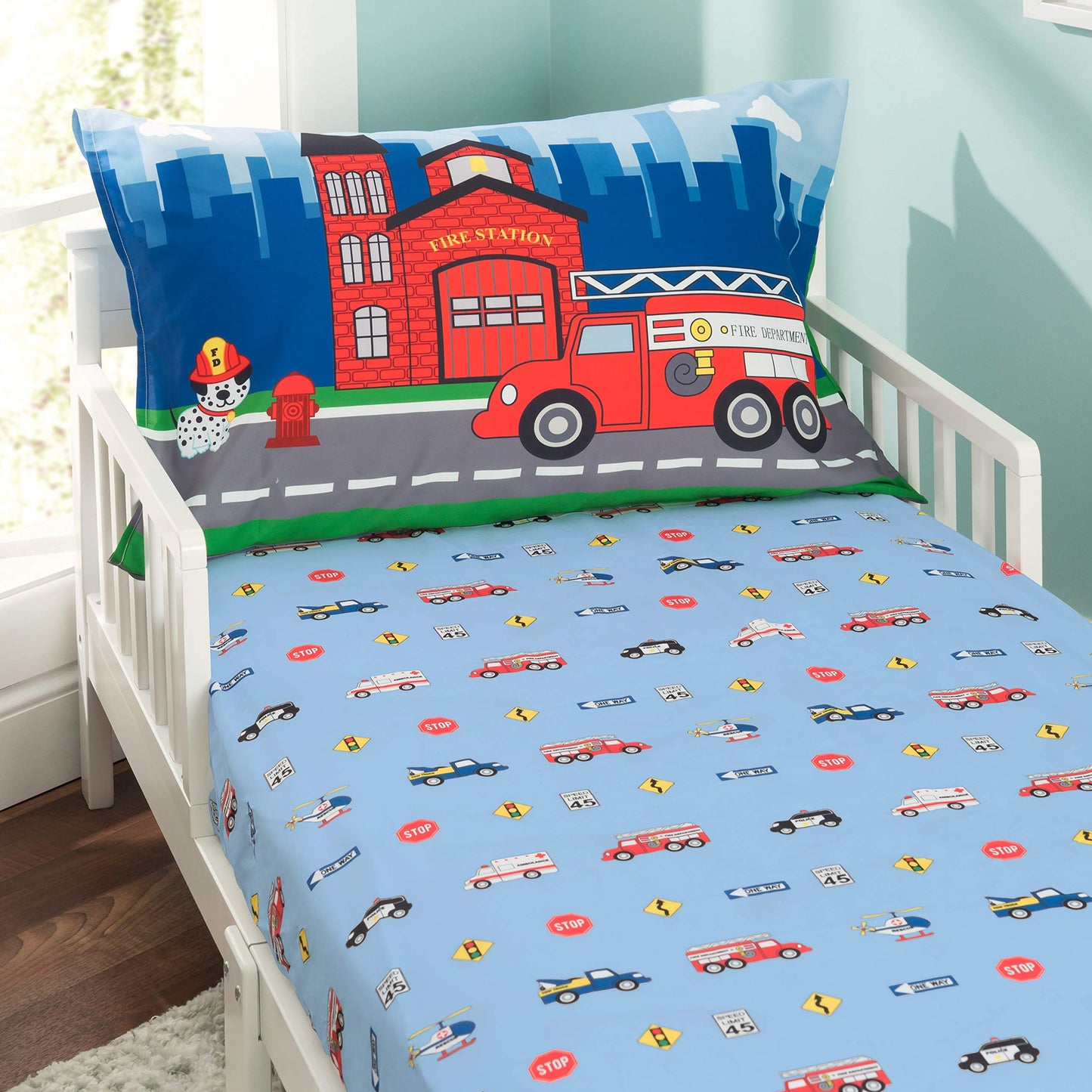 Everyday Kids Toddler Fitted Sheet And Pillowcase Set -Fire Police Rescue- Soft Breathable Microfiber Toddler Sheet Set