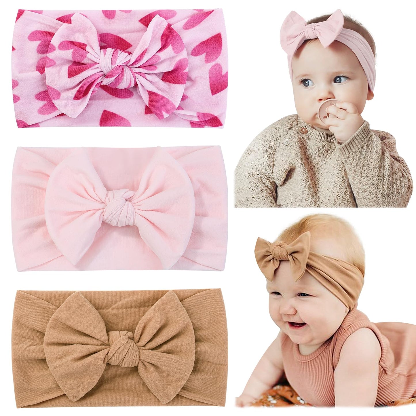 jollybows 3PCS Baby Nylon Headbands Hairbands Hair Bow Elastics for Baby Girls Newborn Infant Toddlers Kids (5-Baby pink+Ginger+