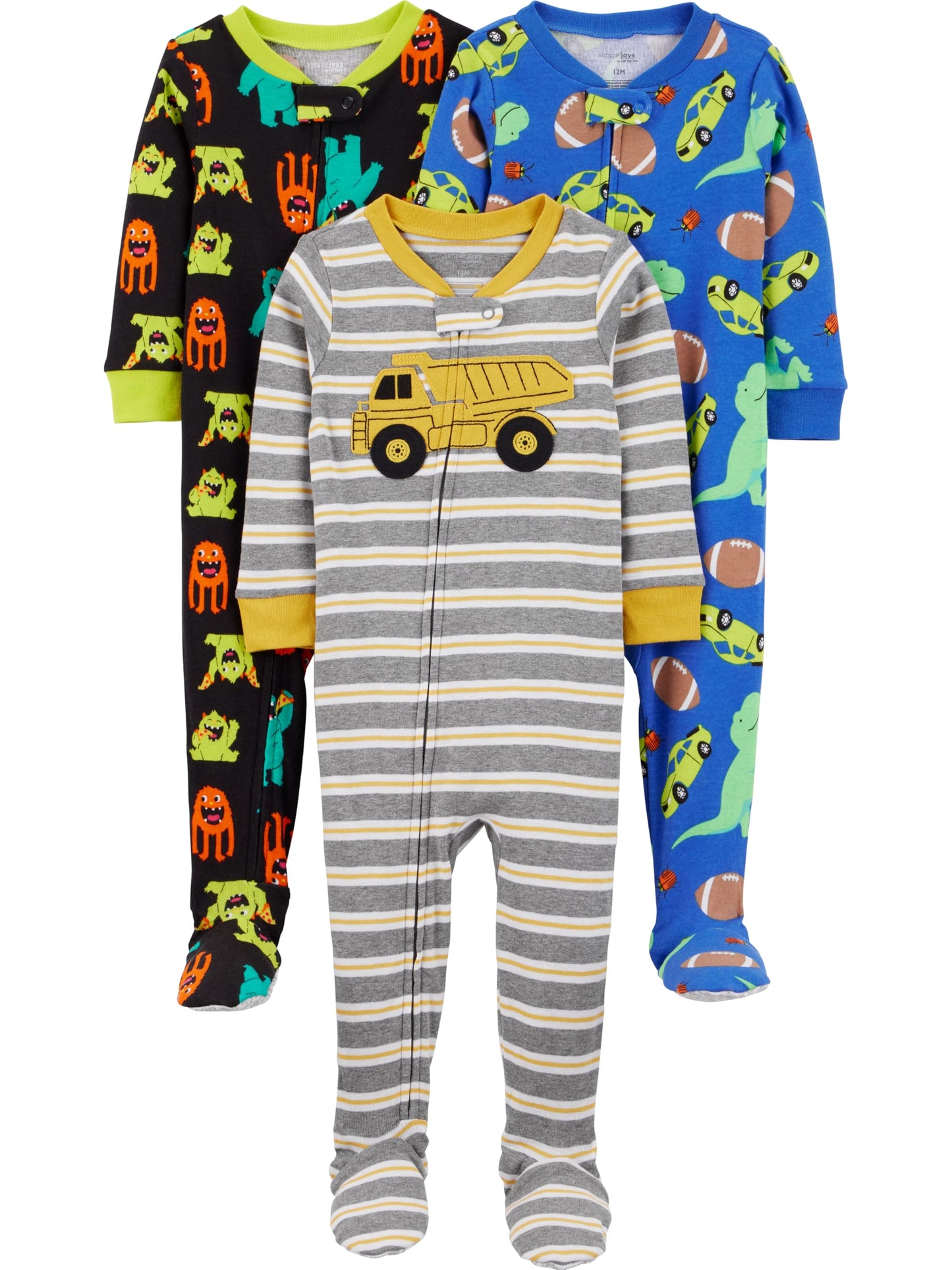 Simple Joys by Carters Toddler Boys Snug-Fit Footed Cotton Pajamas, Pack of 3, Black Monster/Blue Dinosaur/Grey Stripe, 2T