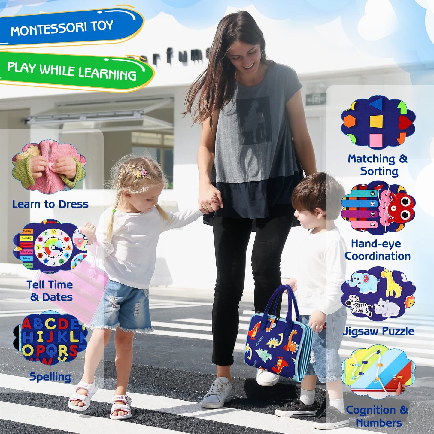 Esjay Toddler Busy Board Montessori Toys for 1 2 3 4 Year Old, Sensory Board with Buckles Educational Activities for Learning Fi