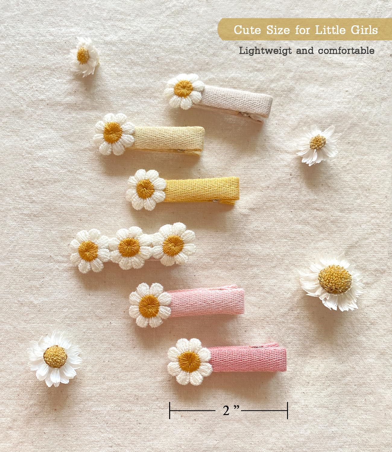 Cherssy 2' Daisy Flowers Hair Clips For Girls, 12 Pcs Cotton Fully Lined Alligator Clips, Non Slip Floral Baby Barrettes Hair P
