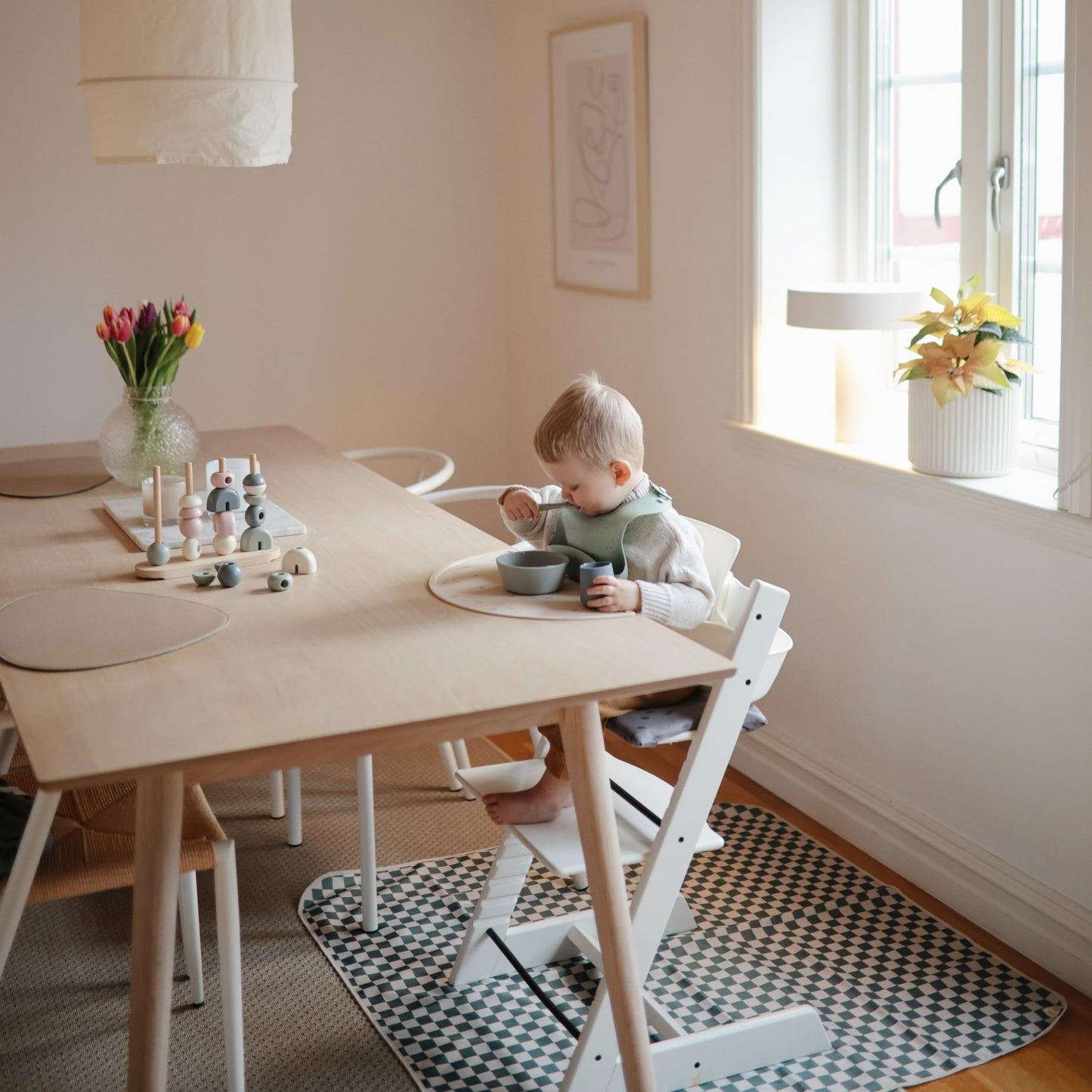 Mushie Baby Splat Mat 42.5X42.5 Inch (Olive Check) | Water Resistant For Under High Chair And Infant Play