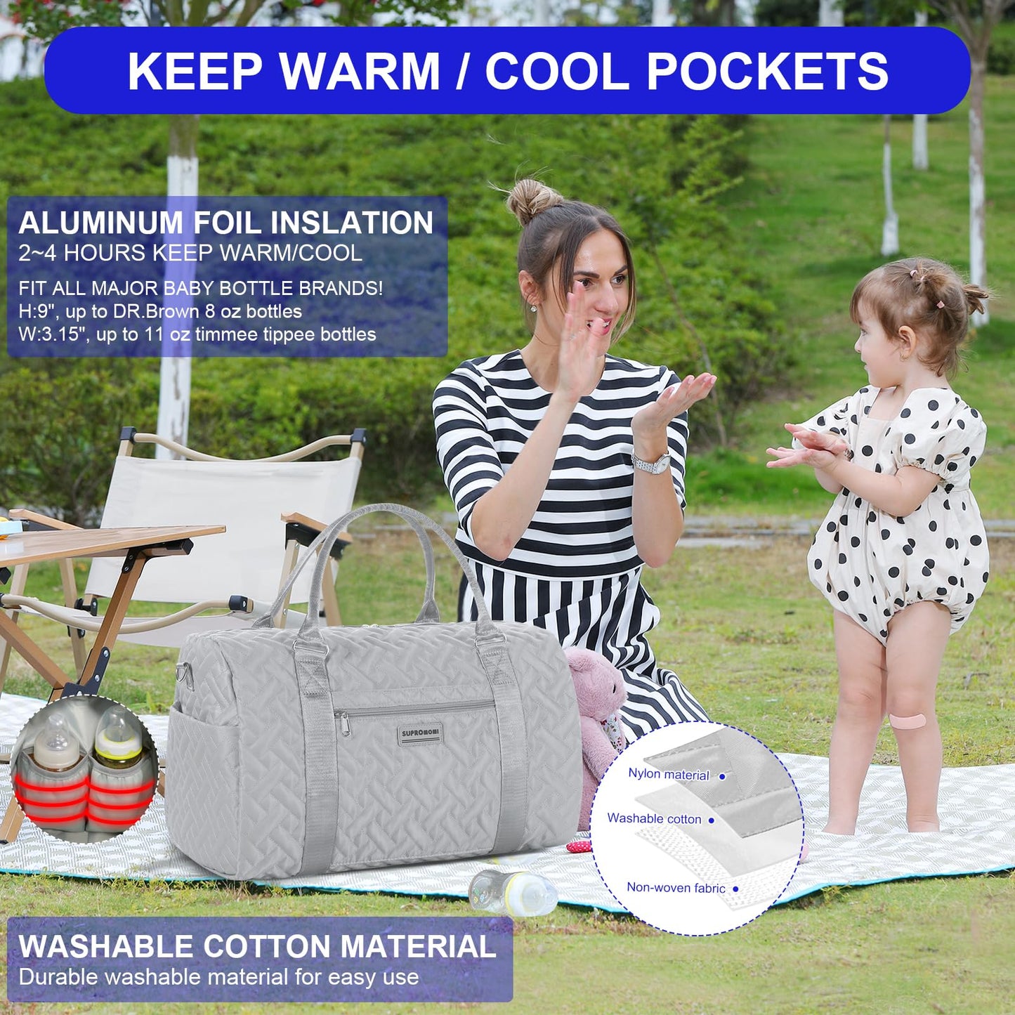 Supromomi Diaper Tote: Large Mom Bag With Travel & Hospital Use, Twins/2 Kids Ready, Grey