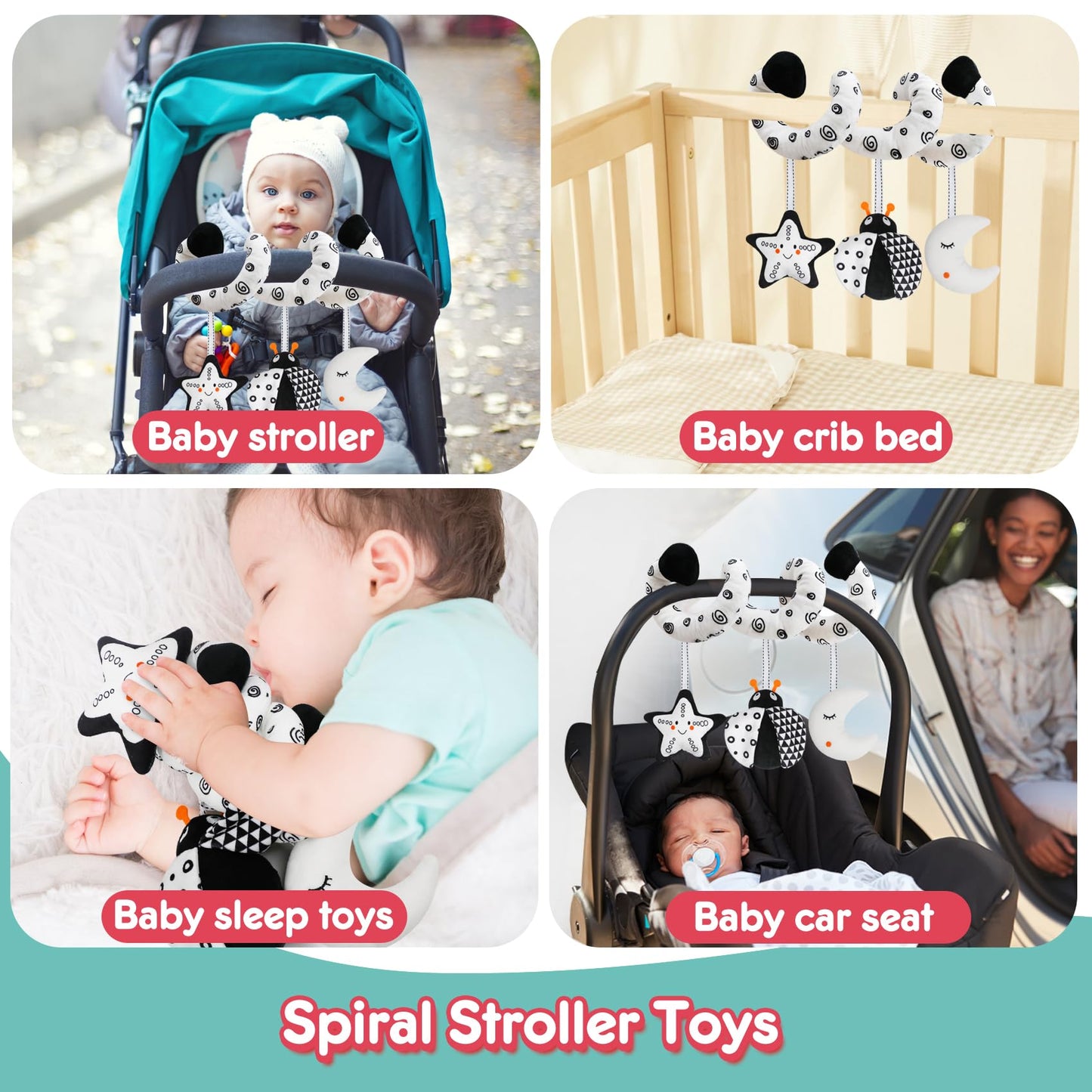 GKDOMS Baby Spiral Hanging Stroller and Car Seat Toys Black and White High Contrast Sensory Toy Newborn Plush Activity Toys Than