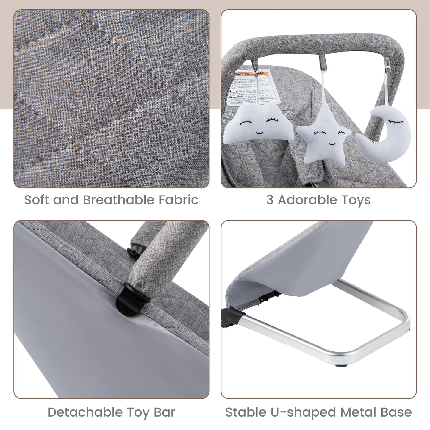 Baby Joy Baby Bouncer, Foldable Baby Bouncer Seat With 5-Point Safety Harness, Removable Fabric Cover & 3 Plush Toys, Portable I