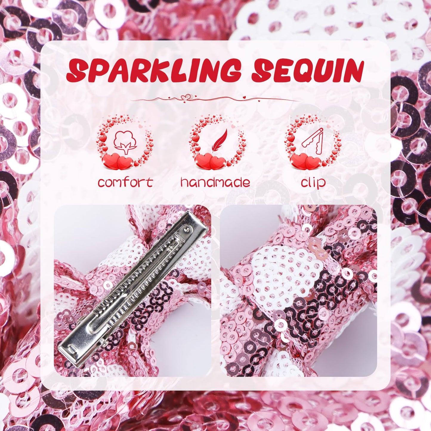 Lanmerry Valentine'S Day 5 Inch Glitter Hair Bows Clips Large Sequins Bow Hair Clips Red Pink Love Heart Hair Barrettes Hair Acc