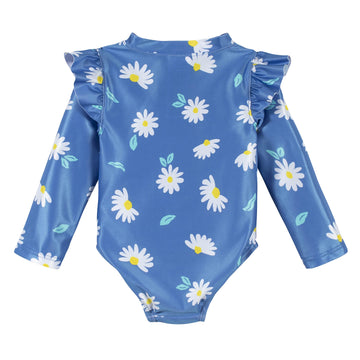 Gerber Girls' Toddler Long Sleeve One Piece Rashguard Swimsuit, Blue Daisies, 12 Months