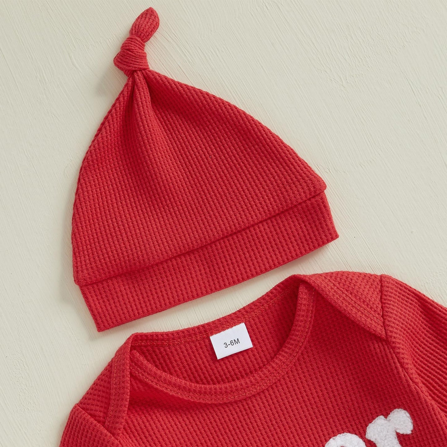 Lesimsam Newborn Infant Baby Boy Valentines Day Outfit Letter Embroidery Long Sleeve Waffle Knit Romper Jumpsuit With Hat(Red, 0