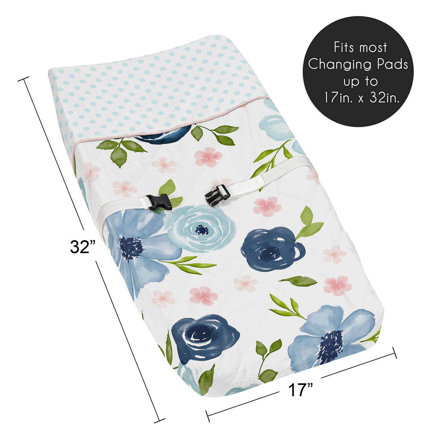 Sweet Jojo Designs Navy Blue And Pink Watercolor Floral Girl Baby Nursery Changing Pad Cover - Blush, Green And White Shabby Chi