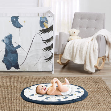 Sweet Jojo Designs Moon And Star Boy Or Girl Baby Playmat Tummy Time Infant Play Mat - Navy Blue And Gold Watercolor Celestial S