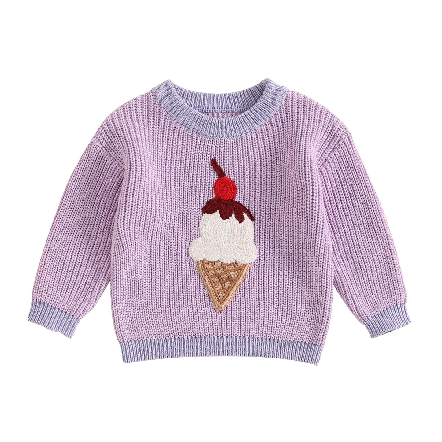 Toddler Baby Girl Boys Valentines Day Outifts Knit Sweater Long Sleeve Letter Love Heart Embroidery Pullover (Purple-Ice Cream,