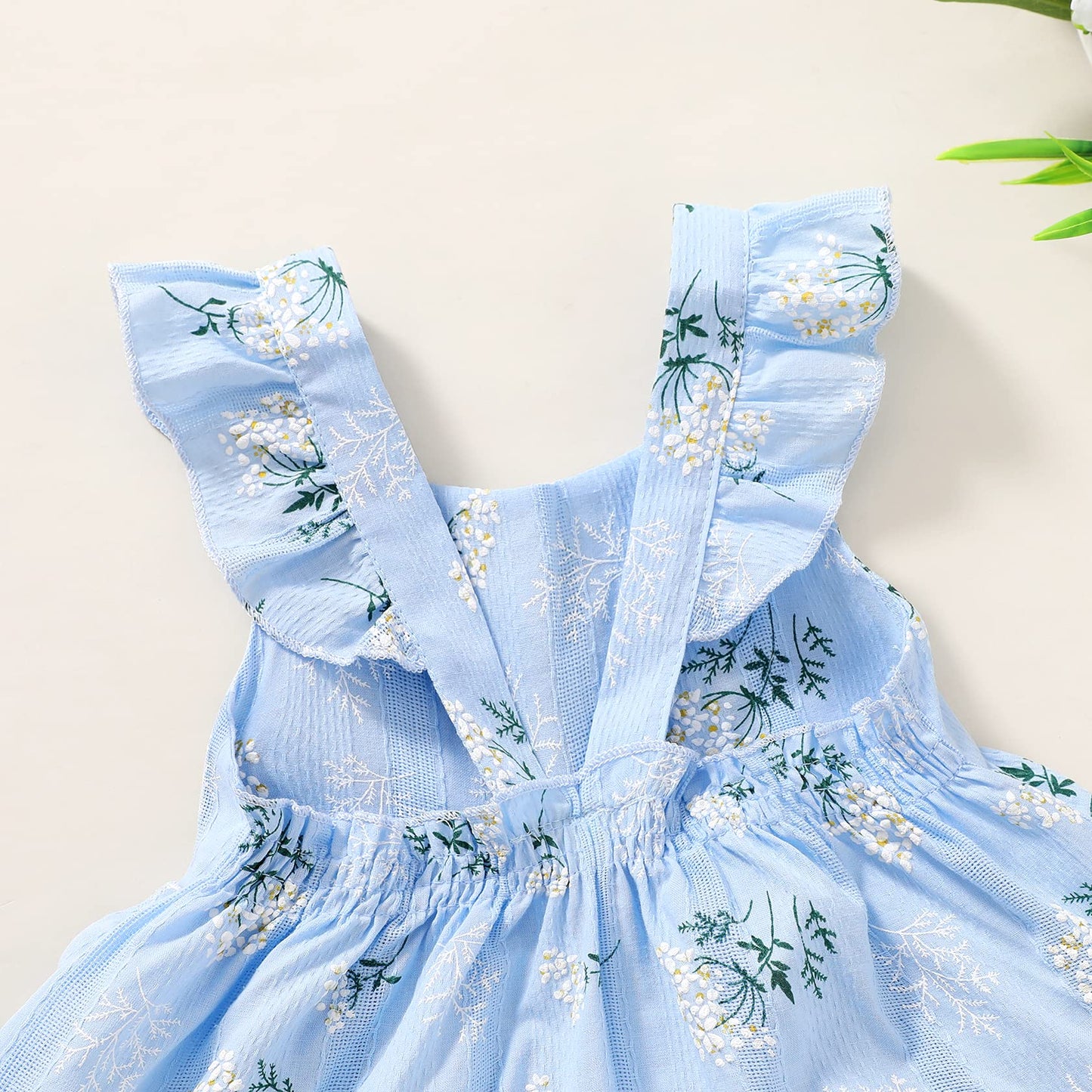 Younger Tree Toddler Girls Outfits Floral Flutter Sleeve Princess Dress Summer Clothes Line Skirts For Girls(4-5T,Blue Floral)