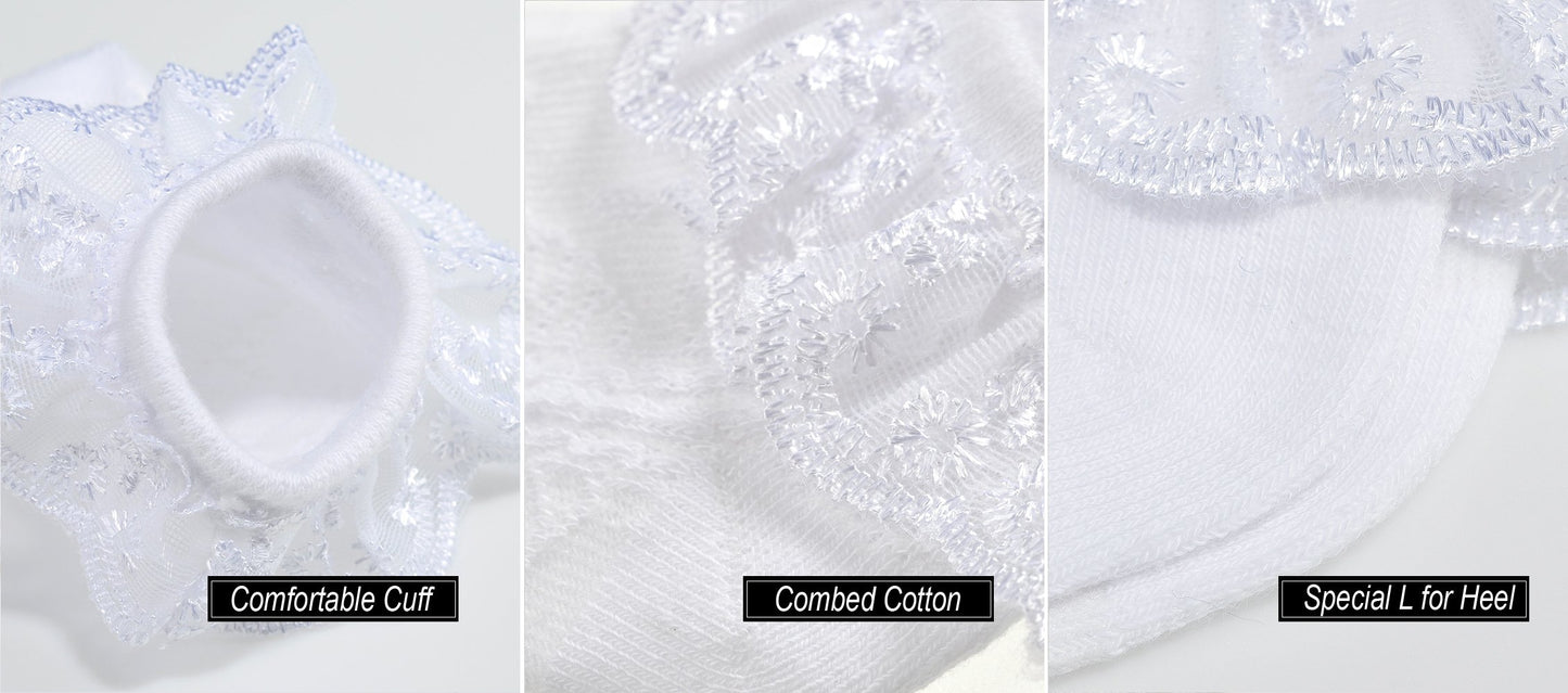 Epeius Baby-Girls Eyelet Frilly Lace Socks Cotton Rich Infant Girl Princess Ankle Socks White/Ivory(Pack Of 2) 6-12 Months