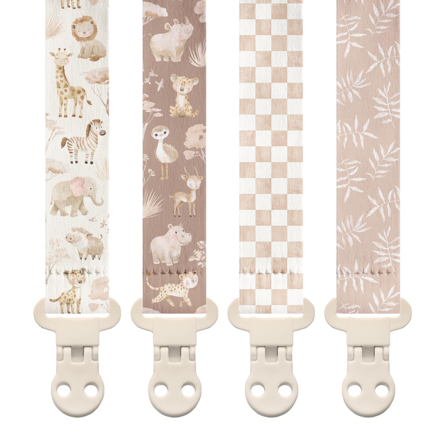 Stadela Baby Fabric Pacifier Clip Holder, Plastic Clip, 4-Pack, Safari Pattern, Savanna Set