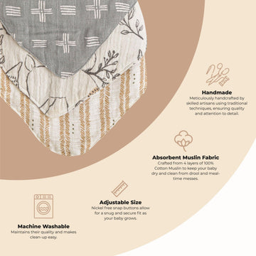 Crane Baby Bandana Bibs, Woodland Animal 100% Cotton Muslin, Adjustable Snaps Grow With Baby, Registry Essential Gift, Set Of 3