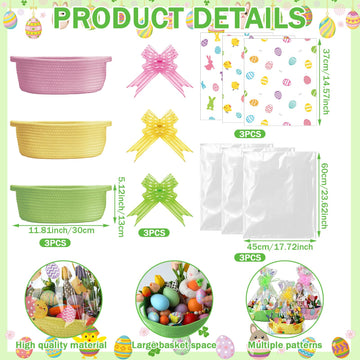 Teenyyou 3 Sets Easter Woven Baskets With Cellophane Gift Bags Bows 12 X 9 X 5 Inch Easter Gift Bags Empty Bunny Eggs Rope Baske