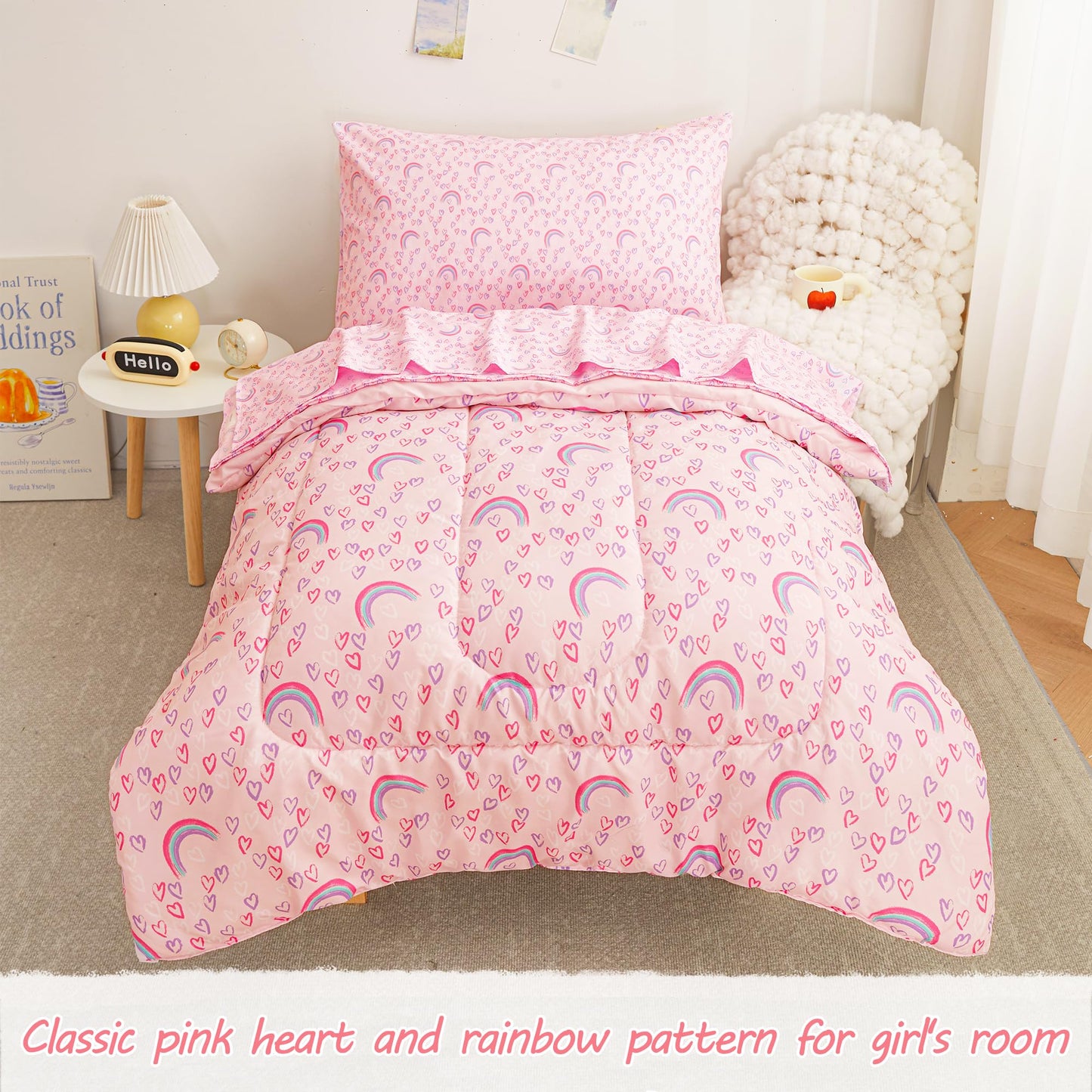 Viviland Rainbow Heart Toddler Comforter Sets, Cute Girls Toddler Bedding Set, Soft Microfiber Pink Toddler Bed Set