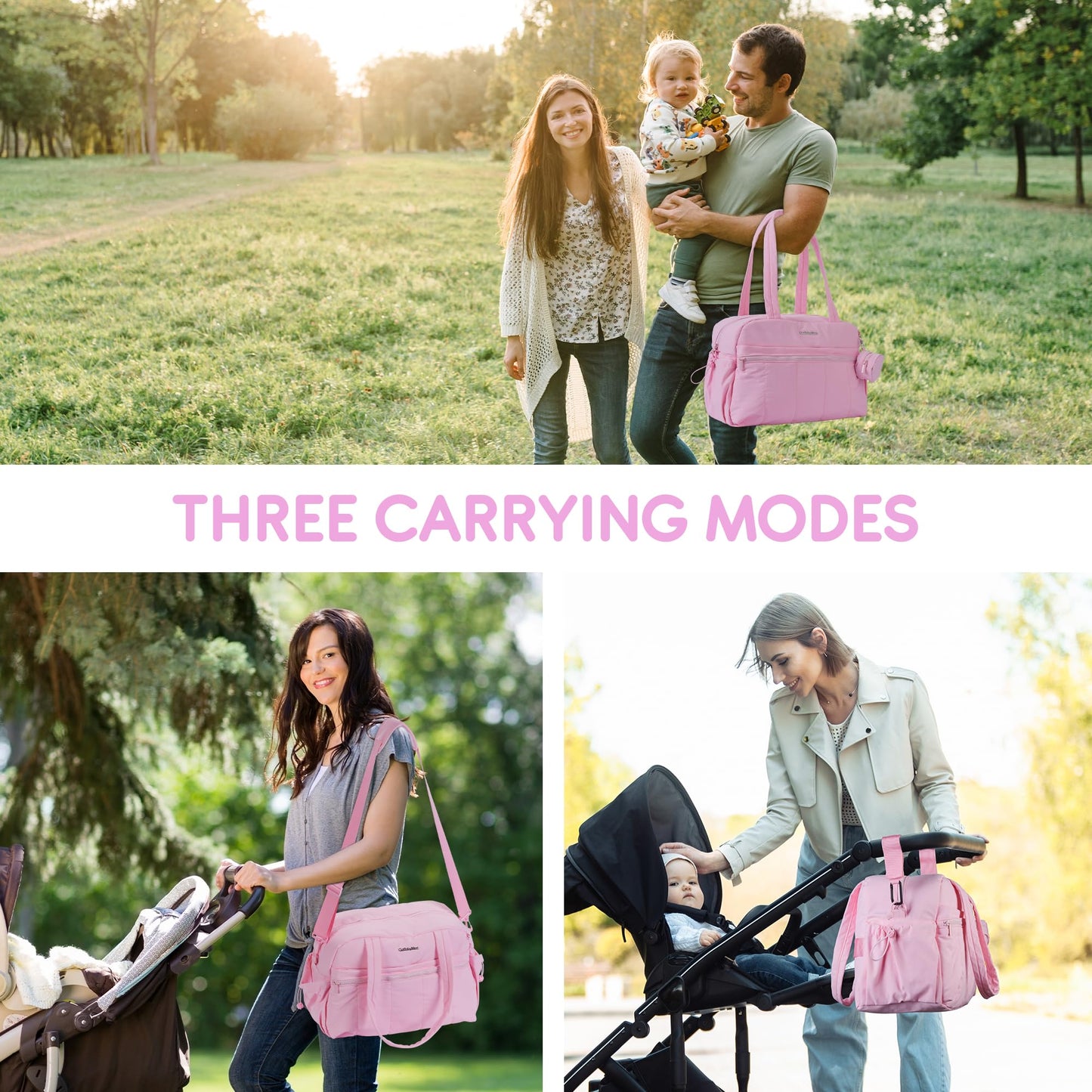 Gobabymart Large Diaper Bag Tote With Changing Pad, Maternity Baby Travel Nappy Bags With Wet Pocket, Hospital Bag (Pink)