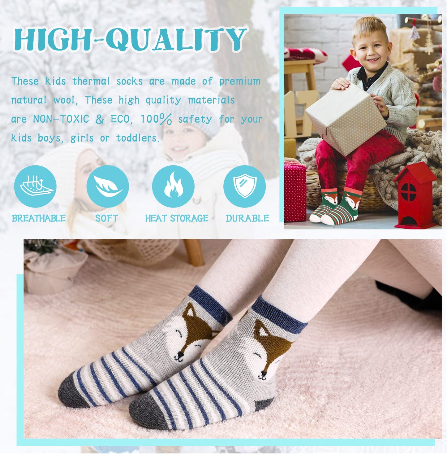 Eocom 6 Pairs Children'S Winter Warm Wool Animal Crew Socks Kids Boys Girls Socks(4-7 Years, Fox)