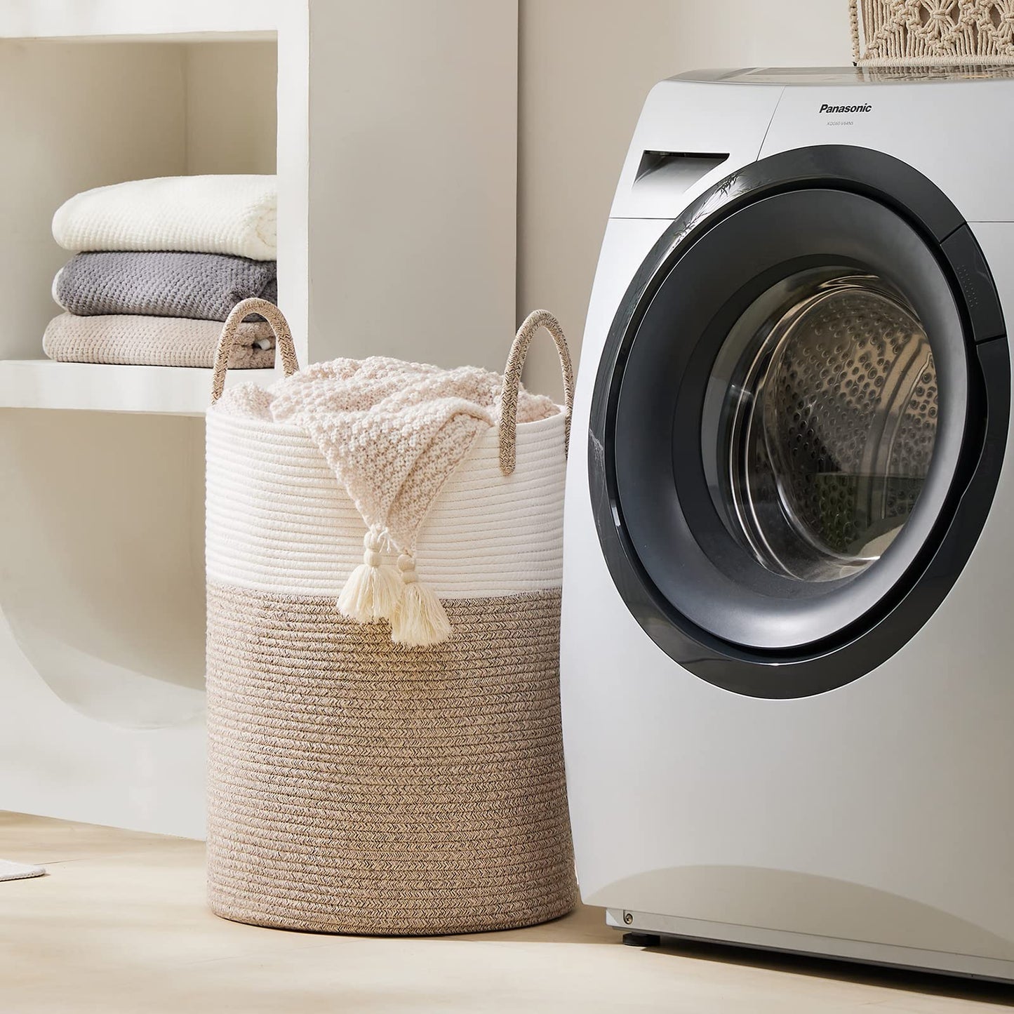 Youdenova Woven Rope Laundry Hamper Basket, 72L Tall Luandry Basket, Baby Nursery Hamper For Blanket Storage, Clothes Hamper For