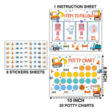 Construction Potty Training Sticker Chart, 20 Potty Charts With 432 Round Stickers & 1 Instruction Sheet, Potty Reward Sticker C